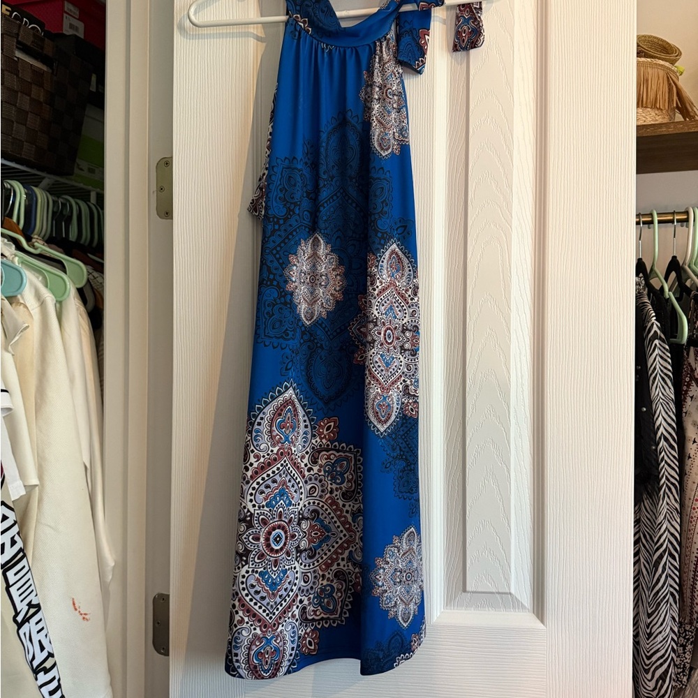 Source Unknown Blue Halter Maxi Sundress Resort Wear